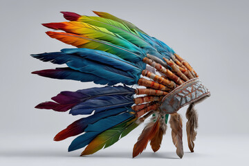 Colorful feather headdress symbolizing diversity against a neutral background  