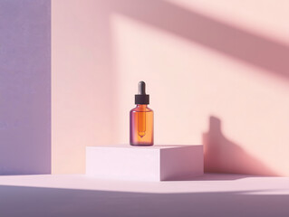 Amber Glass Dropper Bottle on Pink Minimalist Display Skincare Product Mockup Beauty Serum