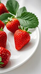 red strawberries on a plate and a basket with small green leaves.