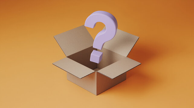 Open cardboard box with a lavender question mark floating above it, set against an orange background, symbolizing curiosity, questions, and the unknown, perfect for a concept of mystery or inquiry