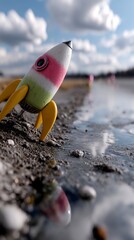 Obraz premium Colorful rocket on the edge of a waterlogged beach