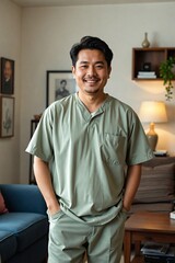 Fototapeta premium Kind Asian Male Home Health Aide with a Happy Smile in Neat Casual Wear: Providing Compassionate In-Home Support and Personal Care for Seniors and Individuals