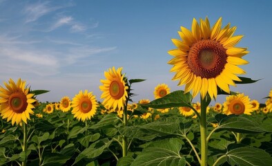 A Large Field Populated by Blooming Sunflowers Under a Sky Painted with Warm Colors of a Setting Sun
