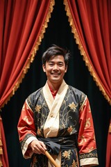 Fototapeta premium Cheerful Asian Actor in Theatrical Costume on Stage
