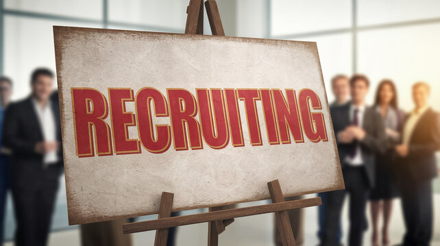 Beige canvas on easel displays "Recruiting" in red lettering.  Business concept image, showcasing recruitment or hiring.  Free space for text - Powered by Adobe