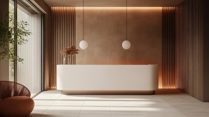 Warm-hued salon lobby with terracotta accents and pendant globe lights