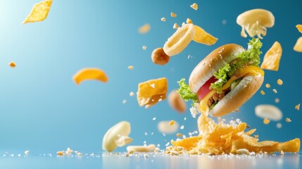 Fototapeta premium Variety of fast food favorites tossed haphazardly on clean blue background