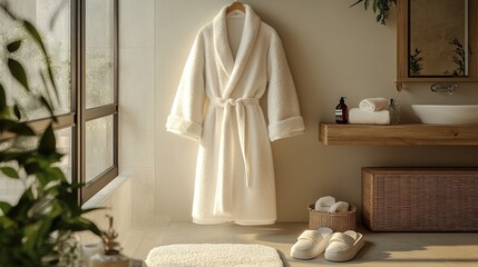 A fluffy white bathrobe and slippers beside a calming spa setup