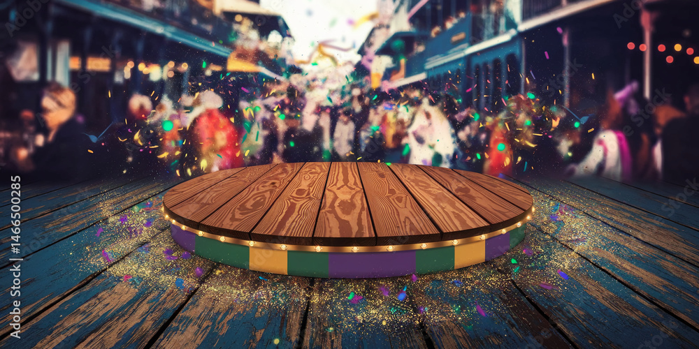 Poster wooden round podium on a rustic surface, illuminated with lights, set against a blurred background o