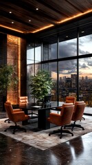 Fototapeta premium Business meeting in modern office space with city view at sunset stylish interior design professional environment