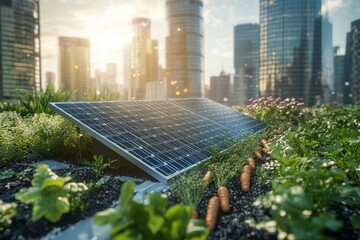 Fototapeta premium Rooftop garden with solar panels in modern city.