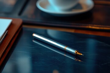 Elegant silver pen resting on a dark marble surface with a coffee cup in the background