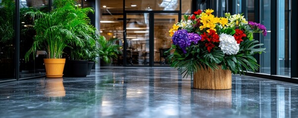 Vibrant floral arrangement modern office space interior decor bright environment low angle view aesthetic appeal