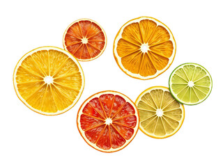 Fototapeta premium Dried and fresh citrus fruit wheel slices cutout isolated on transparent background, png