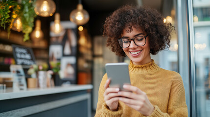 A woman using a smartphone to browse an online article, smiling and happy.