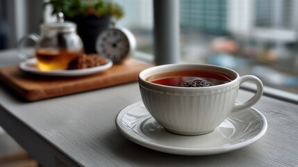 Fototapeta premium Warm cup of black tea on a white saucer with a breakfast tray in the background, cozy morning scene