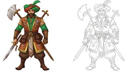 Fototapeta premium Warrior with Axe and Sword: A detailed drawing depicts a formidable warrior, adorned in traditional garb, wielding a sword and axe, showcasing strength and cultural heritage.