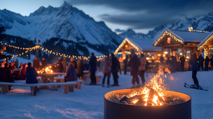 Ski resort during après-ski time outdoor bars and fire pits filled with people in warm winter gear snowy mountains in the background lively social atmosphere with festive music