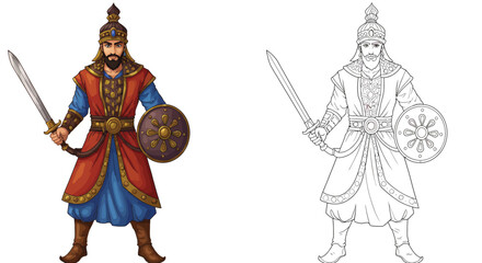 Fototapeta premium Warrior King: A noble warrior, clad in ornate attire, stands resolute with sword and shield, embodying courage and strength. In a complementary display.