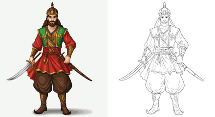 Warrior's Resolve: A majestic warrior stands tall in a detailed illustration, exuding strength and bravery in vibrant colors and monochrome, swords in hand. 