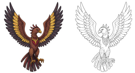 Obraz premium Majestic Gryphon: A stunning illustration showcases the gryphon, with detailed coloring and a line art version, this image perfectly captures the power and grace of the mythical creature.
