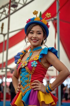 Cheerful Asian Woman Circus Artist in Vibrant Costume Posing Inside Big Top Circus Tent