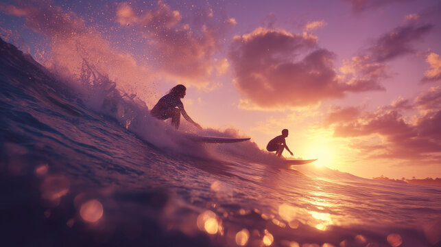 Surfers riding ocean waves at sunset in a cinematic summer adventure scene