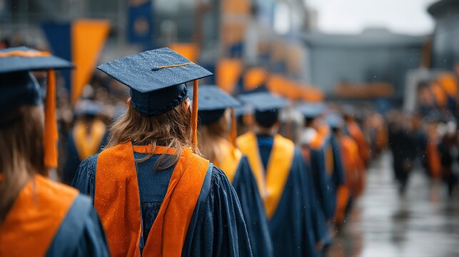 PhD Students in Graduation Robes and Colorful Caps at Outdoor Ceremony Lined Up for a Portrait with Professor at American College