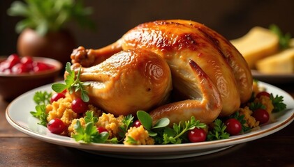 Golden roasted turkey, stuffing, cranberry sauce, plate, thanksgiving
