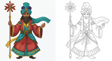 Mystic Sage with ornate staff: A regal figure in vibrant robes, a symbol of wisdom and guidance, holding an elaborate staff, embodies deep cultural significance. 