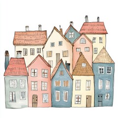 European Valentine Street Houses Packed Together Watercolor Hand Drawn Kawaii