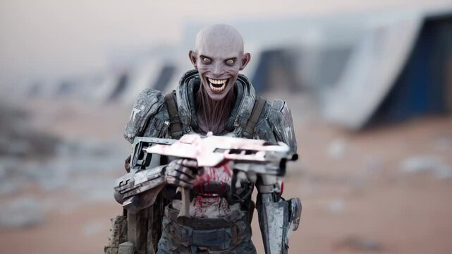 Armed alien smiles eerily before aiming rifle in post-apocalyptic scene