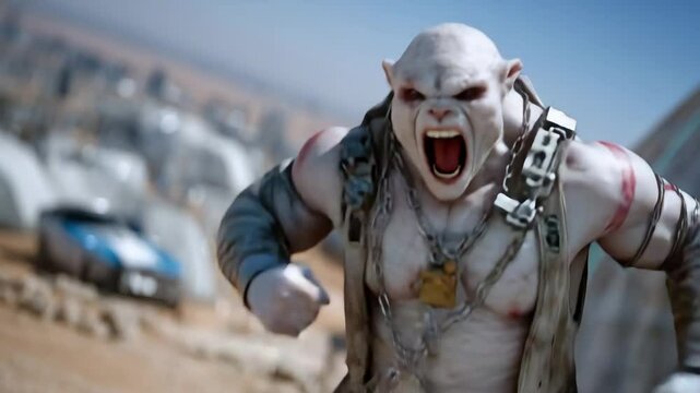 Mutant shows surprise then dances joyfully in post-apocalyptic scene