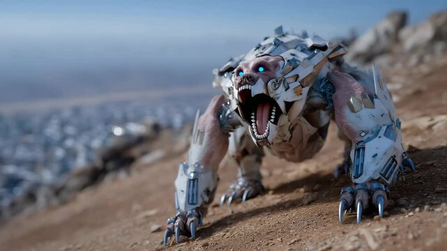 Cybernetic beast opens mouth wide and charges on all fours in post-apocalyptic scene