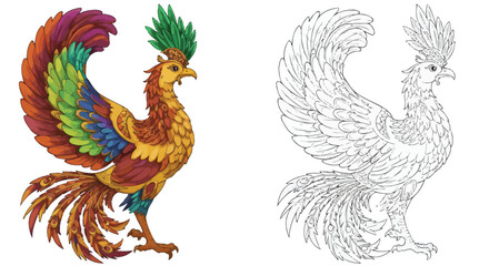 Fototapeta premium Vibrant Phoenix and Sketch: A beautifully illustrated phoenix with multicolored plumage stands proudly next to a detailed sketch of the same magnificent bird.