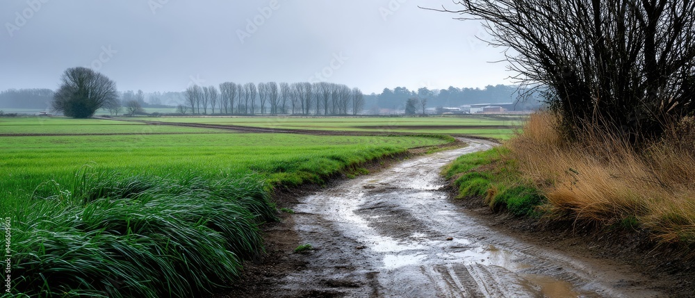 Poster raining morning quiet concept. a muddy path leads through lush green fields with trees in the backgr