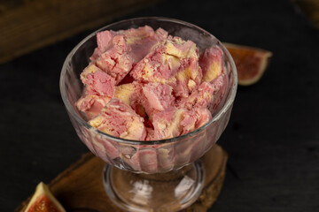one sweet ice cream and sliced red fig fruits, creamy sweet ice cream and sliced red fig fruits
