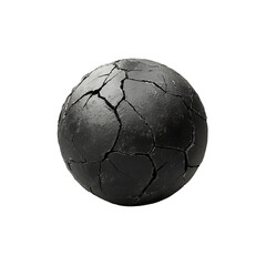 cracked black sphere with rough texture, showcasing weathered appearance. surface features deep fissures and uneven finish, evoking sense of age and wear
