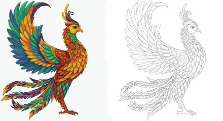 Obraz premium Mythical Phoenix Illustration: A stunning illustration of a vibrant phoenix, a symbol of rebirth, depicted in intricate detail, showcasing its fiery plumage and majestic form.