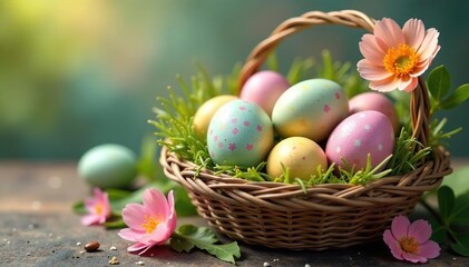 Obraz premium Vibrant painted eggs in a basket, spring flowers , spring colors, egg, decoration