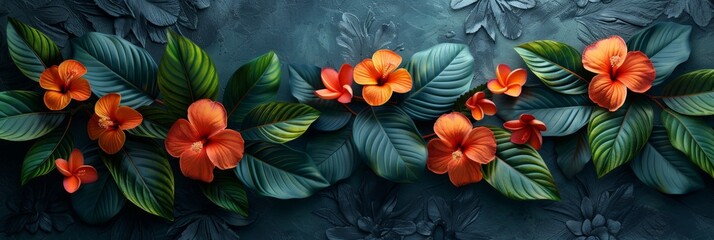 Exotic Leaves and Flowers on a Grunge Concrete Wall with Dark Background