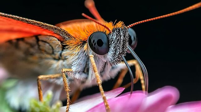 Close-up of a butterfly with orange and white wings on a pink flower against a black background.  Intricate details of its hairy body and proboscis are visible