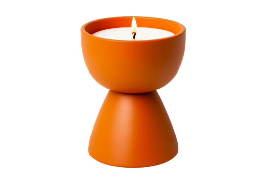Lit candle in orange container, hourglass shape, isolated, cut out transparent