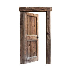 rustic wooden door stands open, framed by weathered timber, inviting exploration and evoking sense of nostalgia. natural textures and earthy tones enhance its charm and character