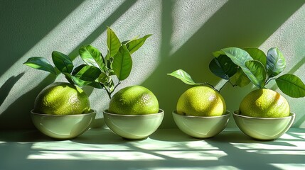 Three vibrant citrus fruits, each in a shallow bowl, displaying fresh green leaves emerging from the top. Natural light casts soft shadows