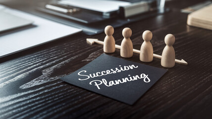 Wooden figures on dark wood table, following arrow toward "Succession Planning" note, illustrating business transition and leadership concept