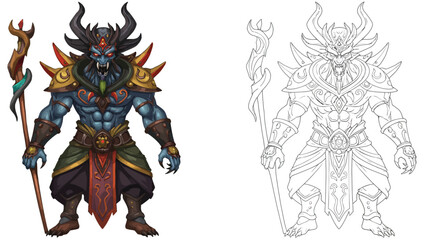 Monster Illustration: a fantastical creature with intricate details, embodying power and mystery. Captured in vibrant color and line art, it's perfect for fantasy, gaming, or storytelling projects.