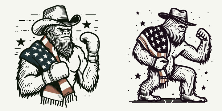 bigfoot with cowboy hat and american flag overlay scarf Boxing. Sasquatch hairy mythical creature Clipart line art vector illustration. Legendary anthropoid sporting headwear plus usa banner.