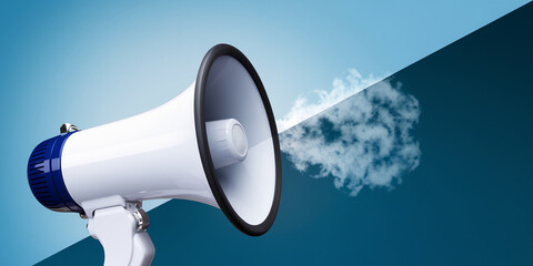 White megaphone against blue background, sound waves visualized as white smoke, showcasing announcement, communication, marketing, and advertising concepts