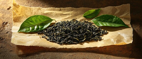 Dark tea leaves on parchment paper with fresh green leaves